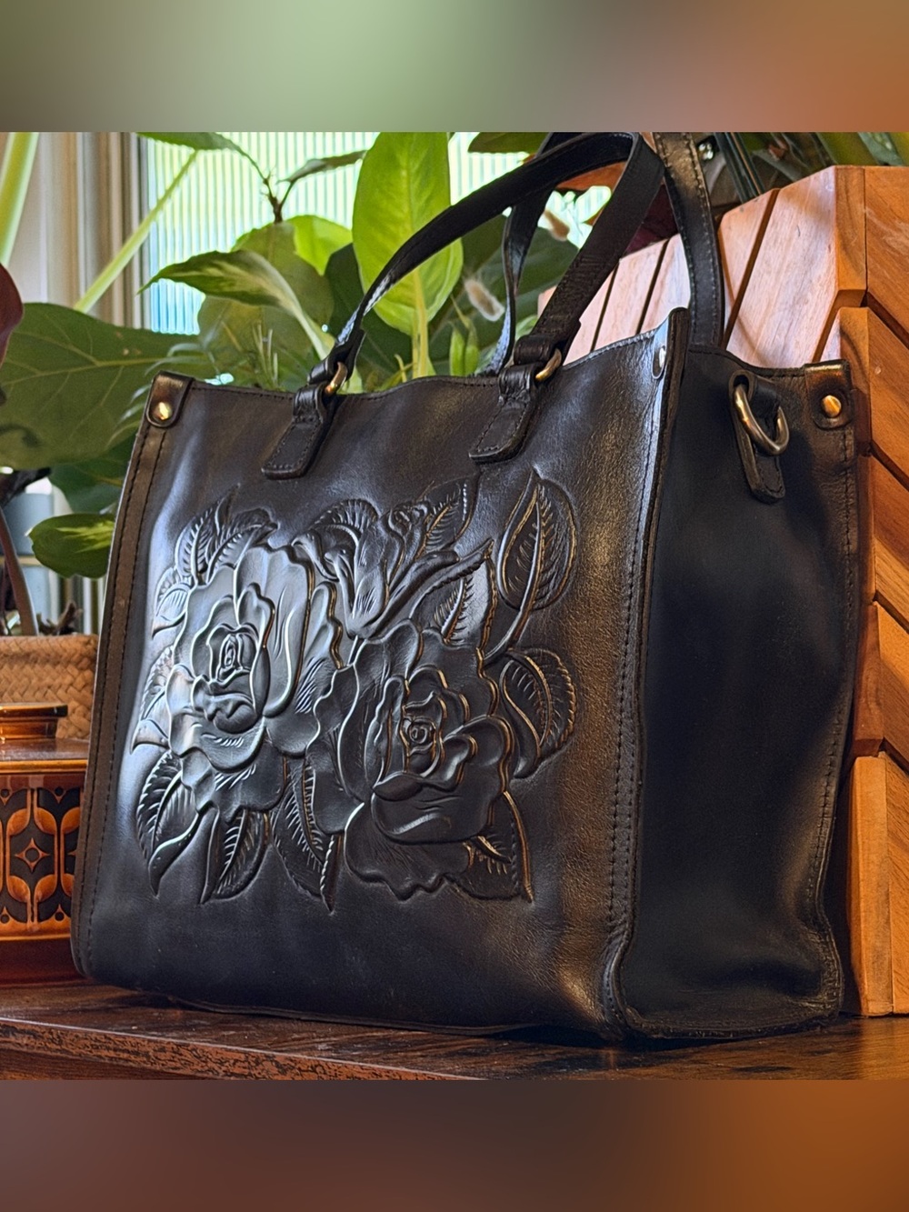 Patricia Nash Rose Embossed black Leather Tote